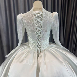 Lscm86 Elegante Vestido de Novia Blanco de Satén con Encaje, Manga Larga, Cintura Fruncida, Estilo Princesa, con Espalda de Encaje, Jancember - Product Image 2