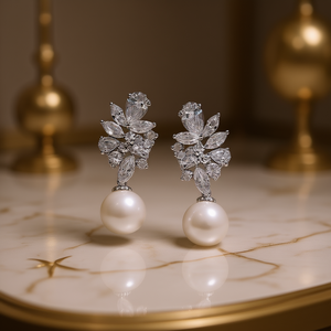 E3992 Orecchini pendenti a forma di fiore in oro bianco con perla coltivata AAA di forma rotonda, gioielli da sposa classici per donna - Product Image 2