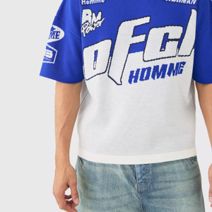 T-shirt en tricot graphique surdimensionné pour homme, épaules tombantes, bicolore, style streetwear, personnalisable, vente en gros OEM - Product Image 3