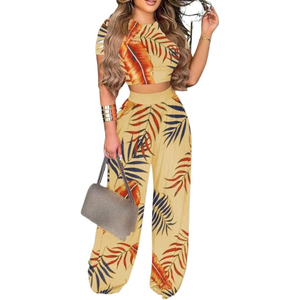 Abiti 2 pezzi per donna girocollo a manica corta top corti con stampa pantaloni lunghi a gamba larga estate set abbinati - Product Image 3