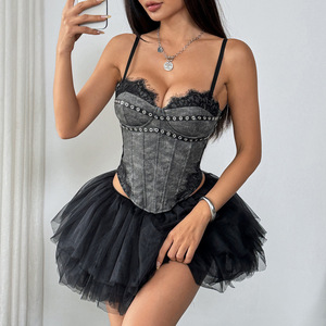 <span class=keywords><strong>Top</strong></span> bustier court <span class=keywords><strong>pour</strong></span> femme, style corset à armatures, coupe ajustée, avec dentelle noire ajourée, style Y2K, <span class=keywords><strong>pour</strong></span> soirée, club et rendez-vous galant - Product Image 2