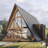 Cabane moderne en forme de A, préfabriquée, design loft à 2 étages, façade entièrement vitrée, cabane de vacances alpine, terrasse en bois, assemblage rapide