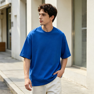 T-shirt décontracté pour homme 100 % coton, col rond, manches courtes, coupe ample, couleur unie, respirant, en tissu peigné 220g - Product Image 1