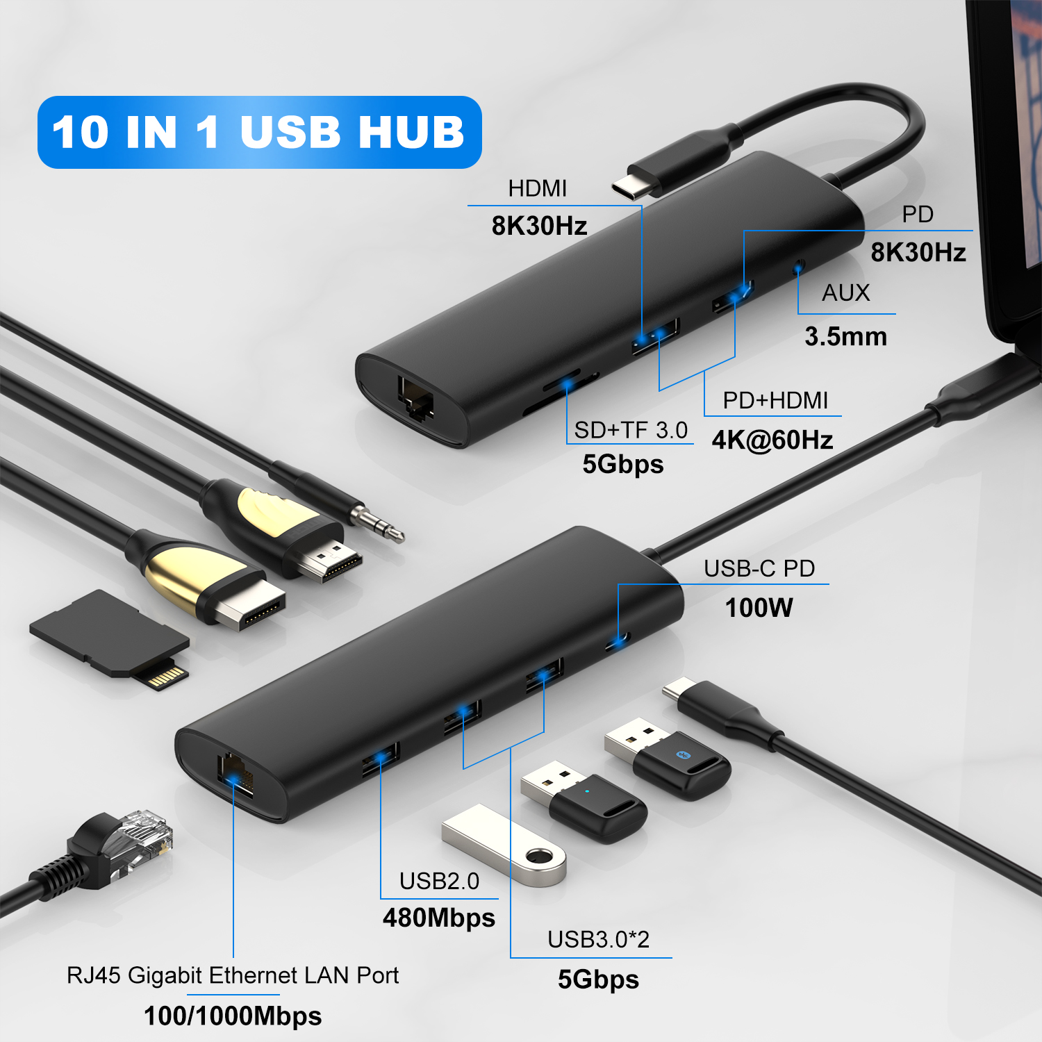 新しいデザインの高速USBポートハブ8 in 1 10 in1タイプCハブ (SDTFポート付き) ドック100W PD Usb Cイーサネット