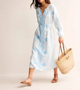 Customize Embroidered Short Sleeves V Neck Linen Cotton Casual Women Maxi Dress