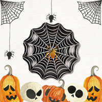 Piring Kertas Sekali Pakai Motif Jaring Laba-laba Halloween, Tepi Bergelombang, Hitam, Piring Dekoratif, Perlengkapan Pesta Halloween