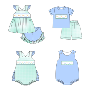 Preorder Boutique occidentale abbigliamento bambino verde Plaid pesci ragazze set stampa bambine abbigliamento per bambini set estivi - Product Image 1