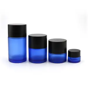 Nieuwe Ontwerp 110G 70G 50G 5G Blauw Matte Platte Kind Proof Schroef-Op Crème Glas pot Met Zwarte Slip Deksels