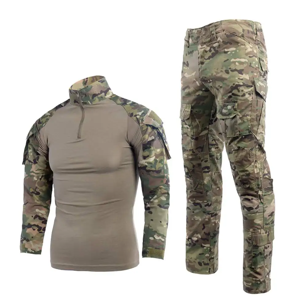 Men's Tactical Suit Shirt and Pants Set Long Sleeve Rip-Stop Uniforms 1/4 Zip Airsoft Clothing Camo Gear