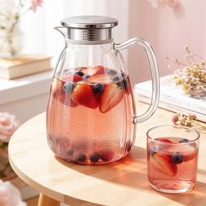 Grande <span class=keywords><strong>carafe</strong></span> <span class=keywords><strong>en</strong></span> <span class=keywords><strong>verre</strong></span> borosilicate résistant à la chaleur avec couvercle-filtre <span class=keywords><strong>en</strong></span> acier inoxydable, <span class=keywords><strong>carafe</strong></span> à eau côtelée <span class=keywords><strong>en</strong></span> <span class=keywords><strong>verre</strong></span> pour thé glacé - Product Image 2