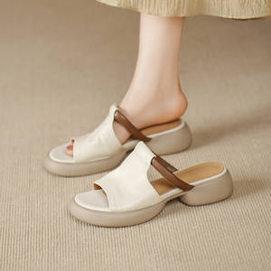 Sandales plates en cuir véritable antidérapantes à bout ouvert en peau de mouton, style coréen, rétro, pour femmes, chaussures décontractées souples à enfiler - Product Image 6