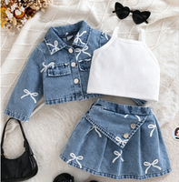 Ensemble de vêtements en denim tendance, 3 pièces, tenue rose avec nœud, veste, jupe et haut, Conjunto De Ropa Denim