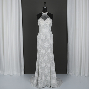 Robe de mariée de mariée <span class=keywords><strong>en</strong></span> mousseline de soie et dentelle, sous forme de sirène perlée, col licou, grande taille, de luxe, avec photo réelle - Product Image 1