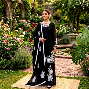 Robe Anarkali en coton noir brodée, motif floral blanc, coupe ample longue, tenue traditionnelle indienne/pakistanaise pour mariage - Product Image 1