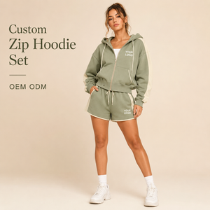 Custom Logo Two Piece <b>Set</b> Women Clothing Zip Up Hoodie Drawstring Shorts Casual Outfit OEM ODM Wholesale - Product Image 1