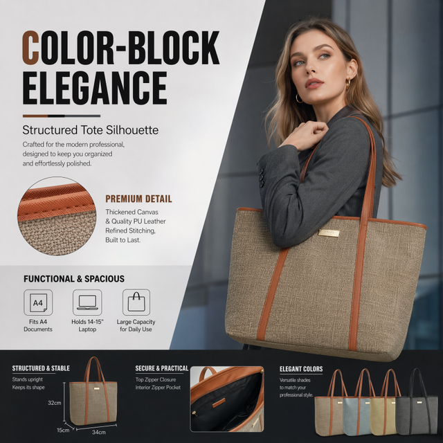 Wholesale Canvas PU Leather Tote Bag Large Capacity Office Shoulder Handbag A4 Laptop Shopping Bag Guangdong Export Women Daily