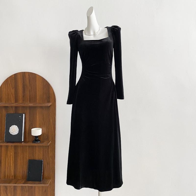 the black and blue gold and white dress Black Velvet Long Sleeve Dress | Women's Maxi Wrap Style main image 1