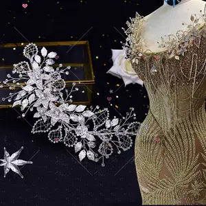 Gold Silver 3D Stereoscopic Flower Leave Crystal Rhinestone Applique Patch Decoration For Sew-on Women Wedding Dress WHD-082