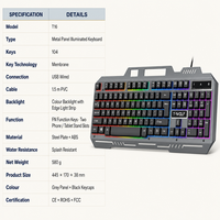 Clavier filaire à panneau métallique 104 touches rétroéclairées couleur, deux emplacements pour téléphone, touches FN, résistant aux éclaboussures, USB pour PC Gaming, vente en gros T16