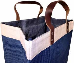 Grand sac fourre-tout écologique réutilisable en jute et coton avec poignée en cuir du marché - Product Image 3