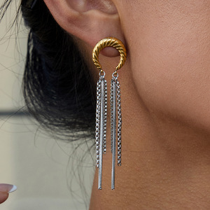 Boucles d'oreilles pendantes spirale lune à pampilles en acier inoxydable plaqué or 18 carats, design géométrique bicolore or et argent, bijoux de mode - Product Image 3
