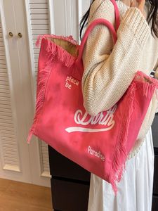 Borsa Tote Spaziosa in Tela di Cotone Multicolore da Donna e Ragazza con Frange e Nappe, Borsa a Mano Impermeabile da Spiaggia per l'Estate - Product Image 5
