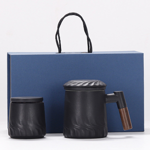IStapromo Gifts 2 in 1 Wood Handle 12oz 360ml Tea Mug Chinese Stoneware Tea <b>Cup</b> Infuser Lid Tea Pot Gift Set - Product Image 6