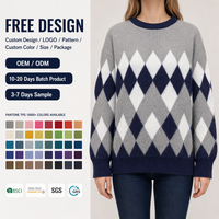 Pull personnalisé pour femme en tricot losanges gris, blanc, marine, mélangé, col rond, fabrication OEM ODM