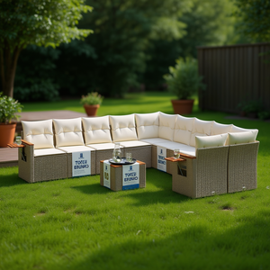 Ensemble de canapés de jardin beige en rotin, mobilier d'extérieur avec coussins, 6 places, design contemporain - Product Image 2