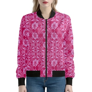 定制标志来样定做设计防风聚酯棒球女式防水轰炸机夹克夏威夷花印花女式外套 - Product Image 5