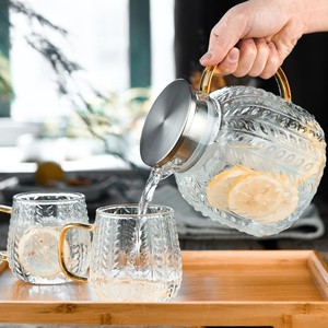 Large Capacity Glass <b>Cold</b> Water Pitcher 1800ml Wheat Pattern Steel Lid With Matching <b>Cup</b> For Cooling Boiled Water Party Use - Product Image 3