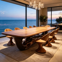 Ensemble table et chaises de salle à manger en bois de forme libre, style Wabi Sabi moderne, design unique, mobilier artistique pour appartement de luxe et salle d'exposition