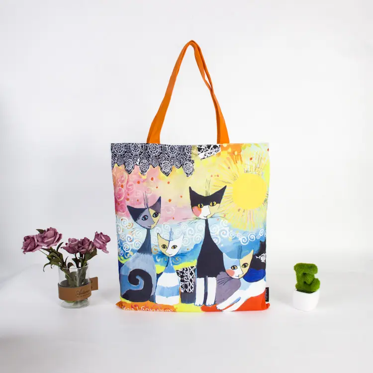 Logo Custom Student Artistic Graffiti Cat Color Printed Cotton Canvas Handheld Tote Bag