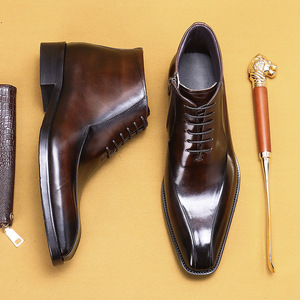 Men's Genuine Leather Ankle <b>Boots</b> Pointed Toe Lace-up Solid Color Rubber Outsole All Seasons Wholesale - Product Image 4