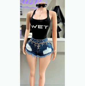 Set Celana Pendek 2 Potong Wanita, Pakaian Seksi dengan Atasan <span class=keywords><strong>Vest</strong></span> Bermotif Huruf dan Celana Pendek Jeans, Set Celana Pendek Musim Panas 2024 untuk Wanita - Product Image 6