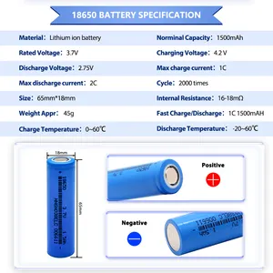 Batería de bicicleta eléctrica de seguridad 3,7 V tubular 18650 batería de iones de litio 1500mAh 2000 ciclo batería de gran capacidad para herramientas eléctricas