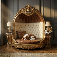 Lit Canapé de Luxe Traditionnel pour Animaux de Compagnie, en Bois Massif, Style Baroque Français, en Velours Capitonnée, Meuble pour Animaux pour Appartement, Villa et Hôtel