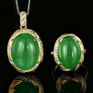 Oval 15*20-13*16mm Zircon Rings and Necklace <b>Copper</b> Gold Plated Imitation Paraiba Tourmaline retro hypoallergenic jewellery set - Product Image 3