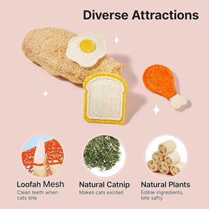 Juguetes interactivos para gatos de 3 piezas con hierba gatera y plataforma de plata, diseño moderno de lufa de dibujos animados para la dentición y limpieza de dientes - Product Image 2