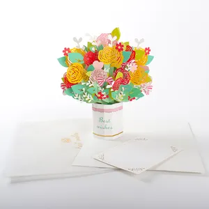Camélia cartões 3d pop up flores vaso cartões de visita personalizado fabricantes