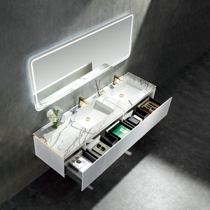 Meuble-lavabo double de luxe 72 pouces au design moderne avec miroir LED suspendu pour hôtel ou villa - Product Image 1