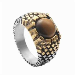 Men's Stainless Steel Snake Pattern <b>Ring</b> With Brown Stone Geometric Design Casual Jewelry - Product Image 5