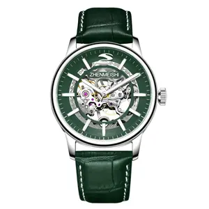 Fashionable Green Men's Leather Watch Hollow Out Luxury Skeleton Automatic Wrist Mechanical Mens Watch