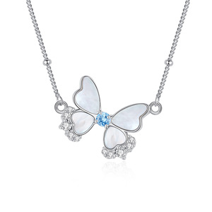 Collar de Mariposa con 9 Delicadas Perlas Blancas y Topacio Azul, Piedra Natural de Corte Redondo de 3mm, Plata 925, Joyería para Mujer, Ideal para Regalo - Product Image 1