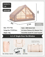 Tente de camping gonflable de grande taille pour l'extérieur en tissu Oxford imperméable, tente de glamping pour 3-4 personnes, portable, personnalisable pour la famille
