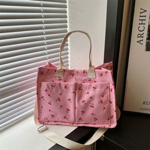 Cherry Tote Bags Women Canvas Patchwork Purse Casual Shoulder Bag Multi-Pocket Satchel Handbags for Work Travel - Product Image 3