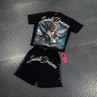 Ensemble short 2 pièces pour homme, t-shirt vintage noir surdimensionné personnalisé, lourd, délavé, avec graphisme en strass