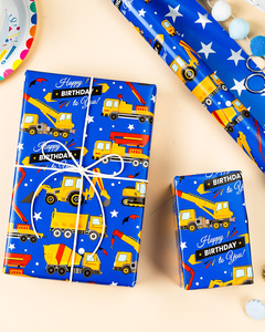 Blue cartoon excavator <b>children</b> gift wrapping paper Irregular silver star <b>children</b> birthday gift wrapping paper Customizable - Product Image 3