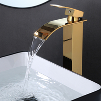 Robinet de salle de bain cascade haut en titane doré - Robinet de lavabo à poignée unique chaud et froid avec corps haut carré moderne