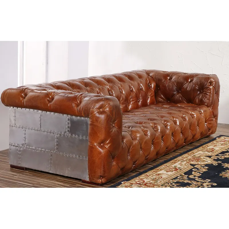 Antika mobilya Aviator Bar endüstriyel chesterfield kanepe oturma odası kahverengi hakiki deri eski kanepe